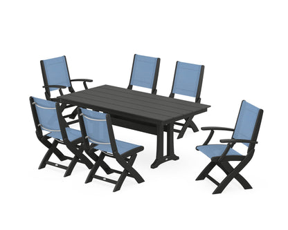POLYWOOD® Coastal Folding Chair 7-Piece Farmhouse Dining Set with Trestle Legs in Black / Poolside Sling