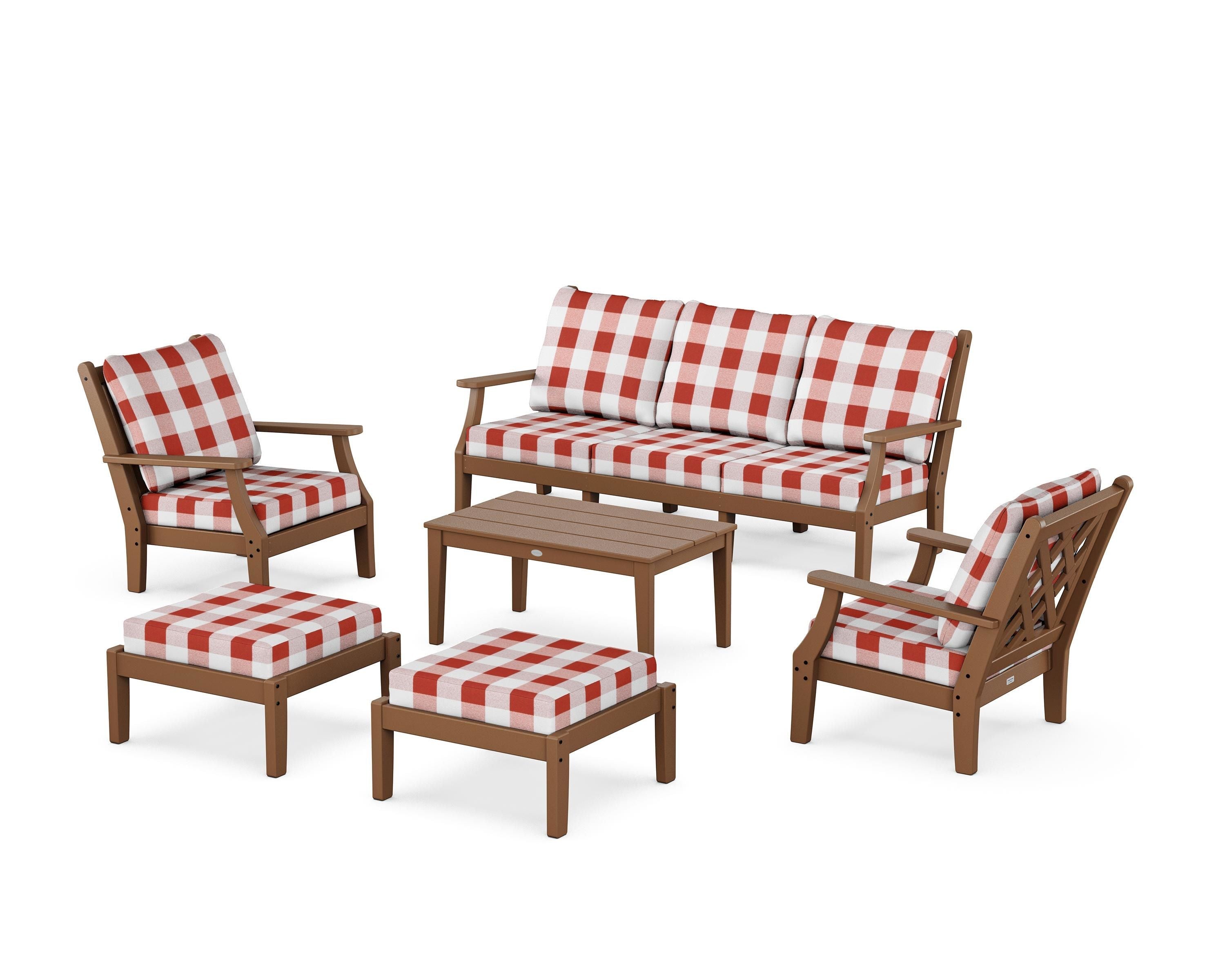 Country Living Wovendale 6-Piece Lounge Sofa Set in Teak / Buffalo Plaid Crimson