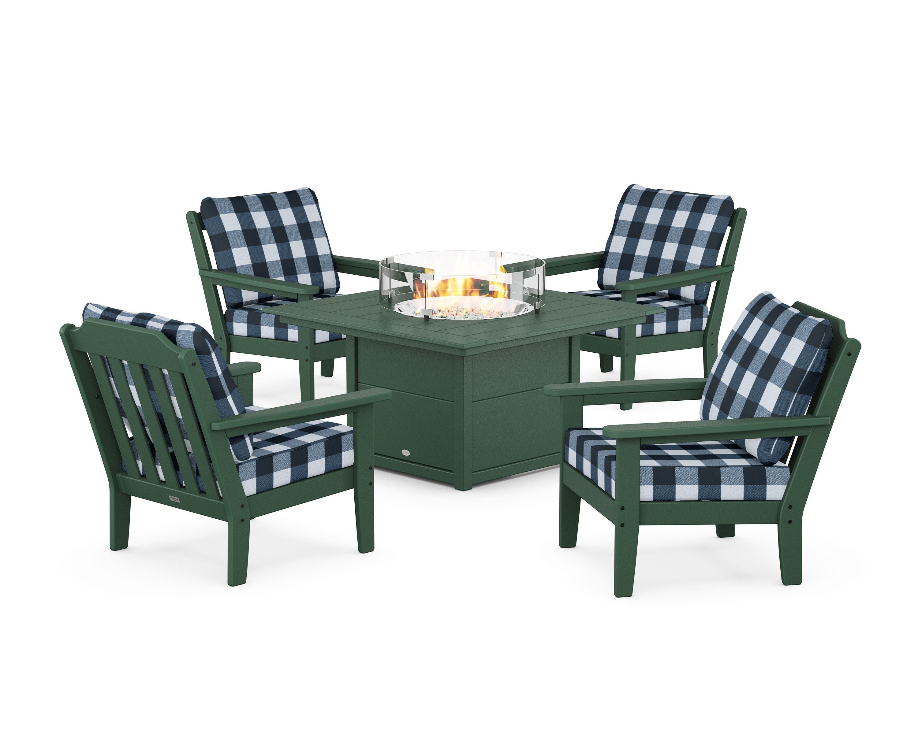 Country Living Cottage 5-Piece Deep Seating Set with Fire Pit Table in Green / Buffalo Plaid Marine Indigo