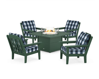 Country Living Cottage 5-Piece Deep Seating Set with Fire Pit Table in Green / Buffalo Plaid Marine Indigo