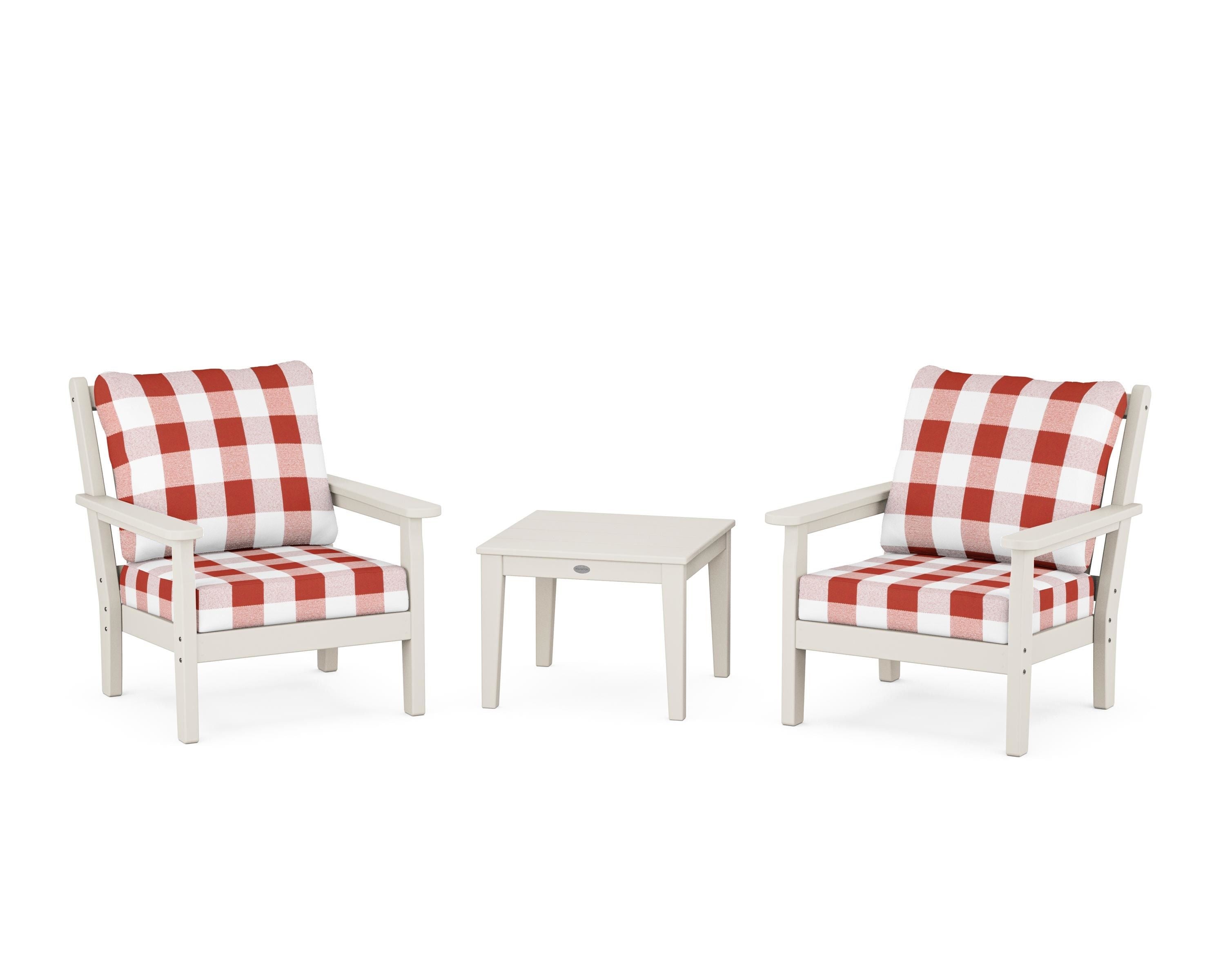 POLYWOOD® Chippendale 3-Piece Deep Seating Set in Sand / Buffalo Plaid Crimson
