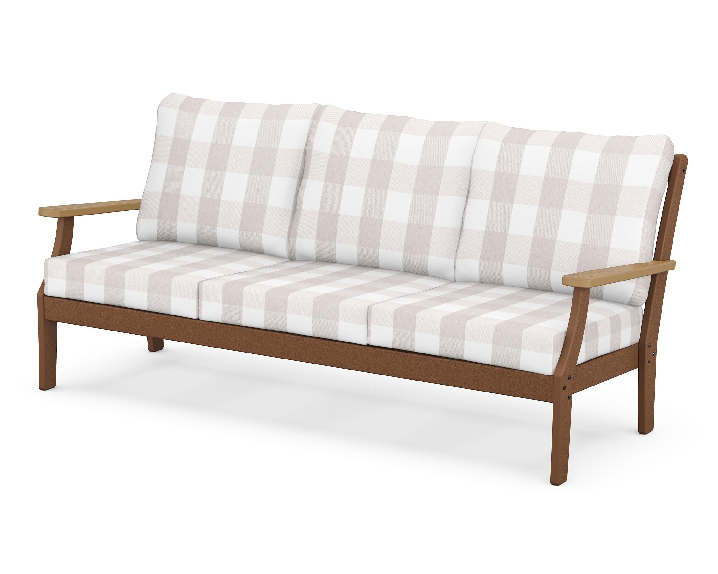 POLYWOOD® Braxton Deep Seating Sofa in Teak / Natural / Buffalo Plaid Dune Burlap