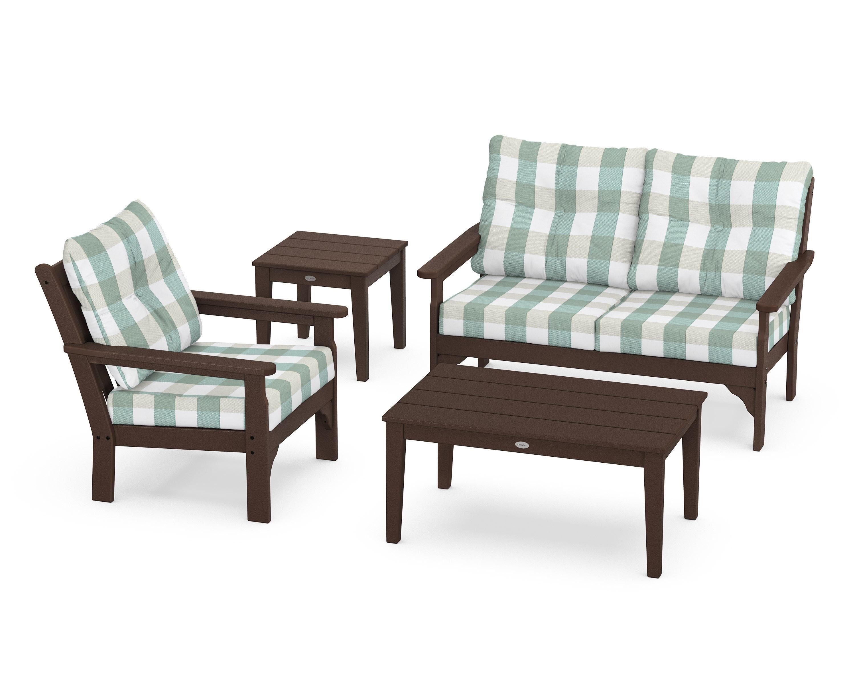 POLYWOOD® Vineyard 4-Piece Deep Seating Set in Mahogany / Buffalo Plaid Glacier Spa