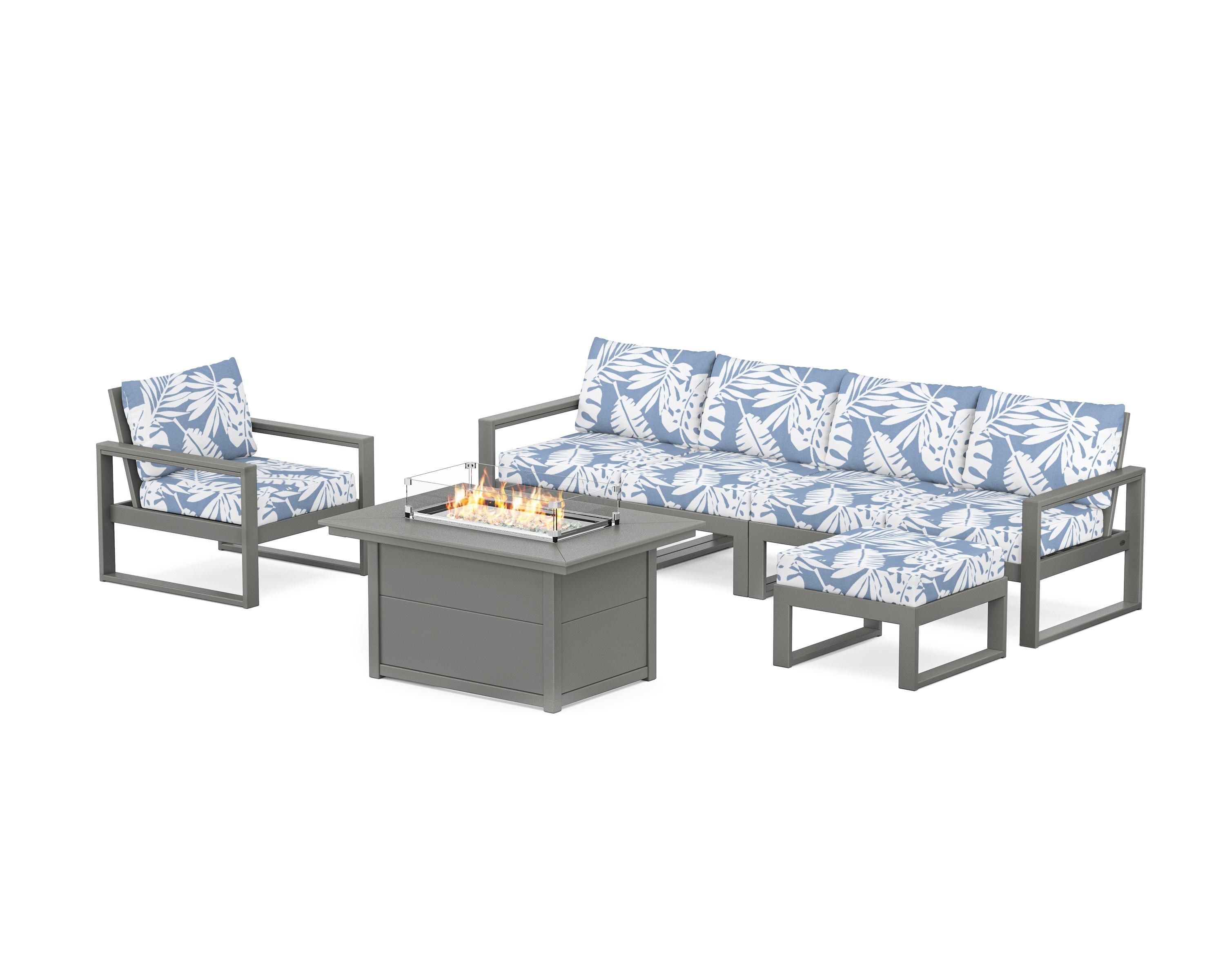 POLYWOOD® EDGE Sectional Lounge and Fire Pit Set in Slate Grey / Leaf Sky Blue