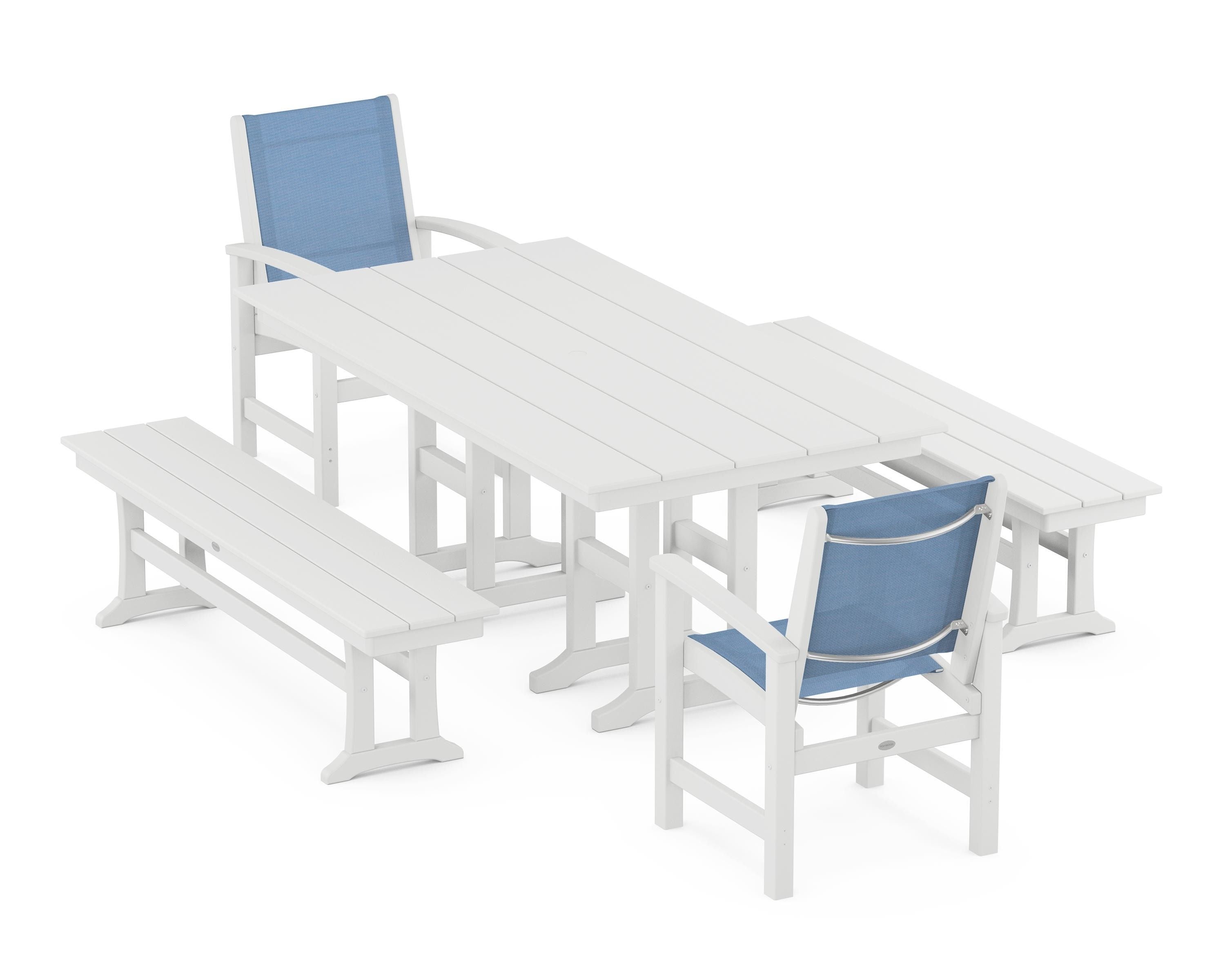 POLYWOOD® Coastal 5-Piece Farmhouse Dining Set in White / Poolside Sling