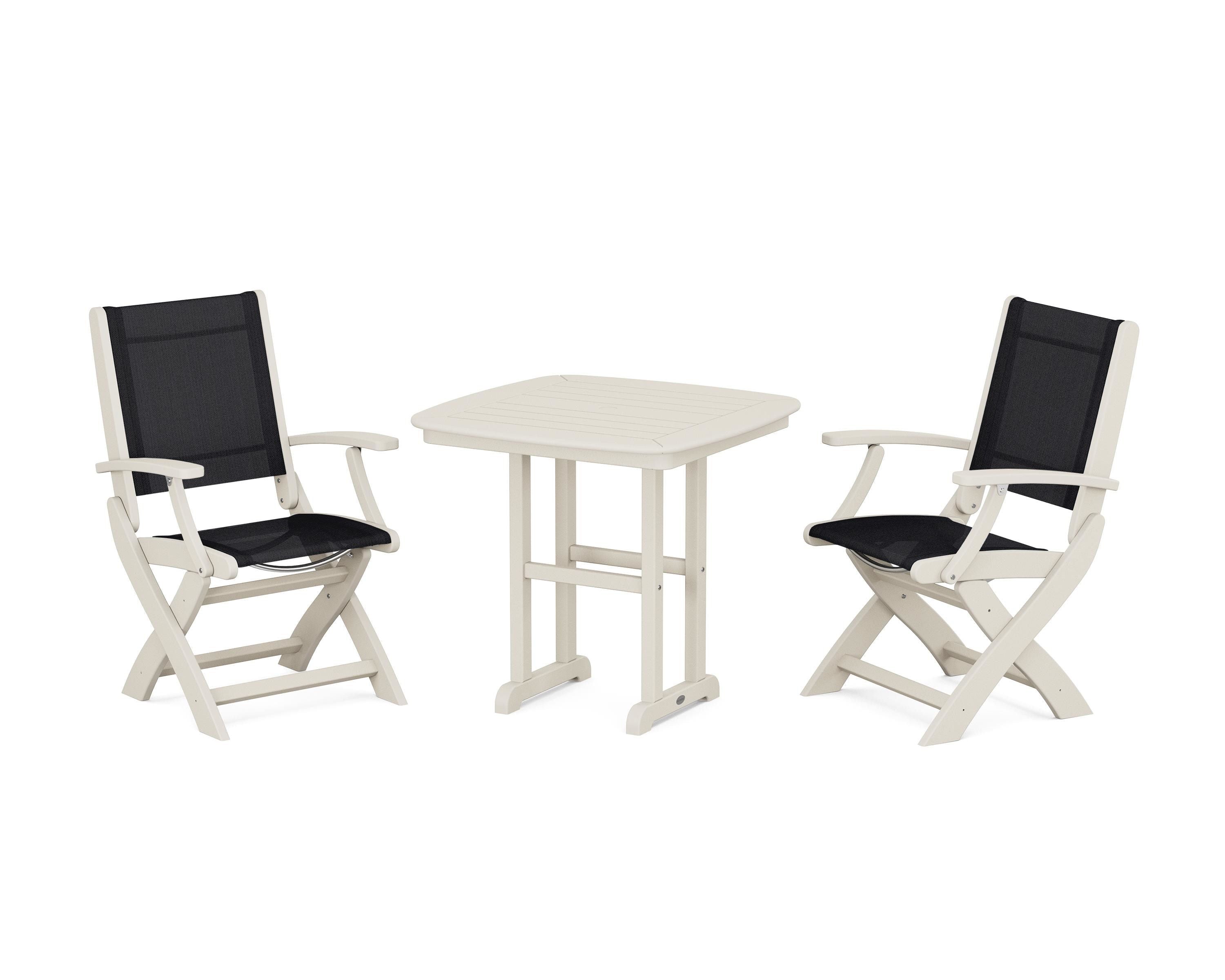 POLYWOOD® Coastal Folding Chair 3-Piece Dining Set in Sand / Black Sling