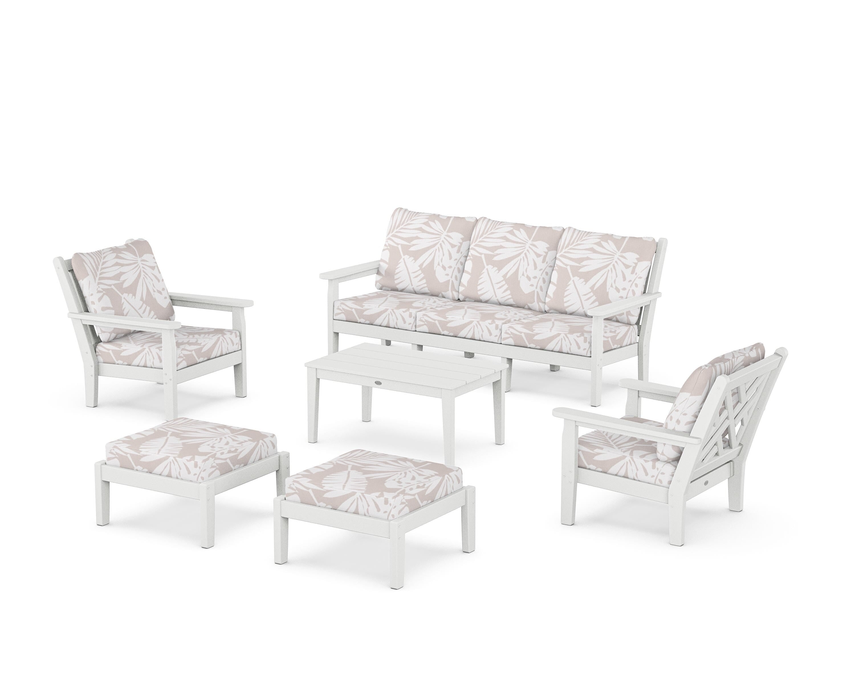 POLYWOOD® Chippendale 6-Piece Lounge Sofa Set in White / Leaf Dune Burlap