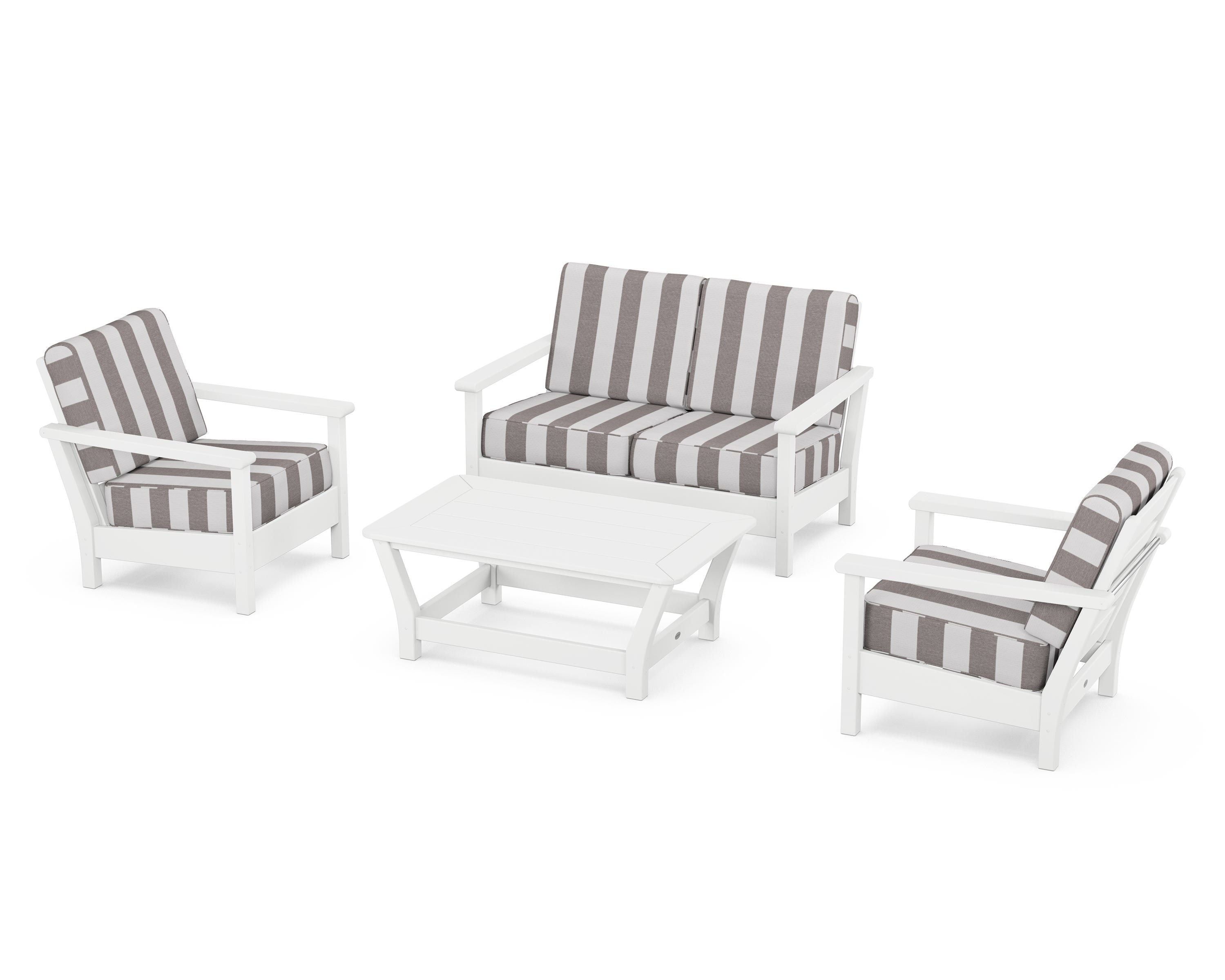 POLYWOOD® Harbour 4-Piece Deep Seating Set in White / Cabana Stripe Grey Mist