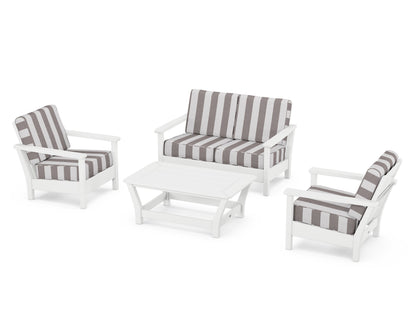 POLYWOOD® Harbour 4-Piece Deep Seating Set in White / Cabana Stripe Grey Mist