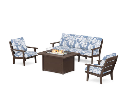 POLYWOOD® Lakeside Deep Seating Fire Pit Table Set in Mahogany / Leaf Sky Blue