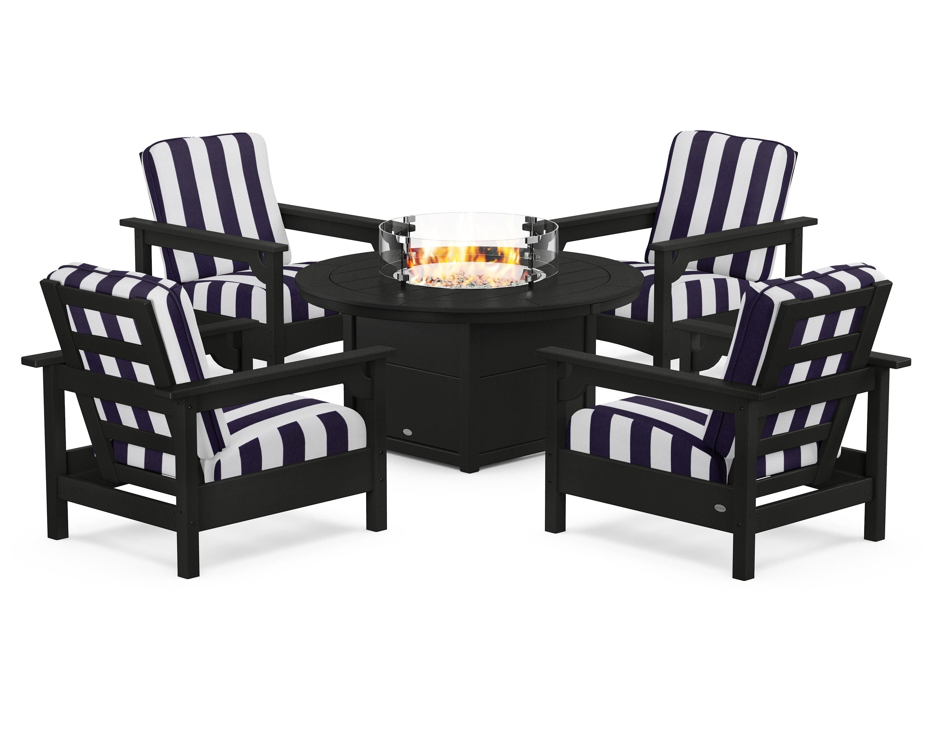 POLYWOOD® Club 5-Piece Conversation Set with Fire Pit Table in Black / Cabana Stripe Navy