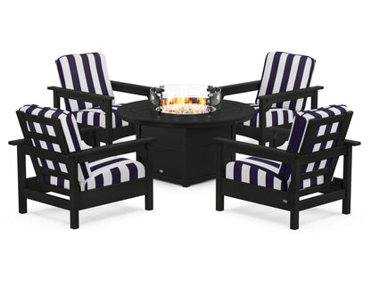 POLYWOOD® Club 5-Piece Conversation Set with Fire Pit Table in Black / Cabana Stripe Navy