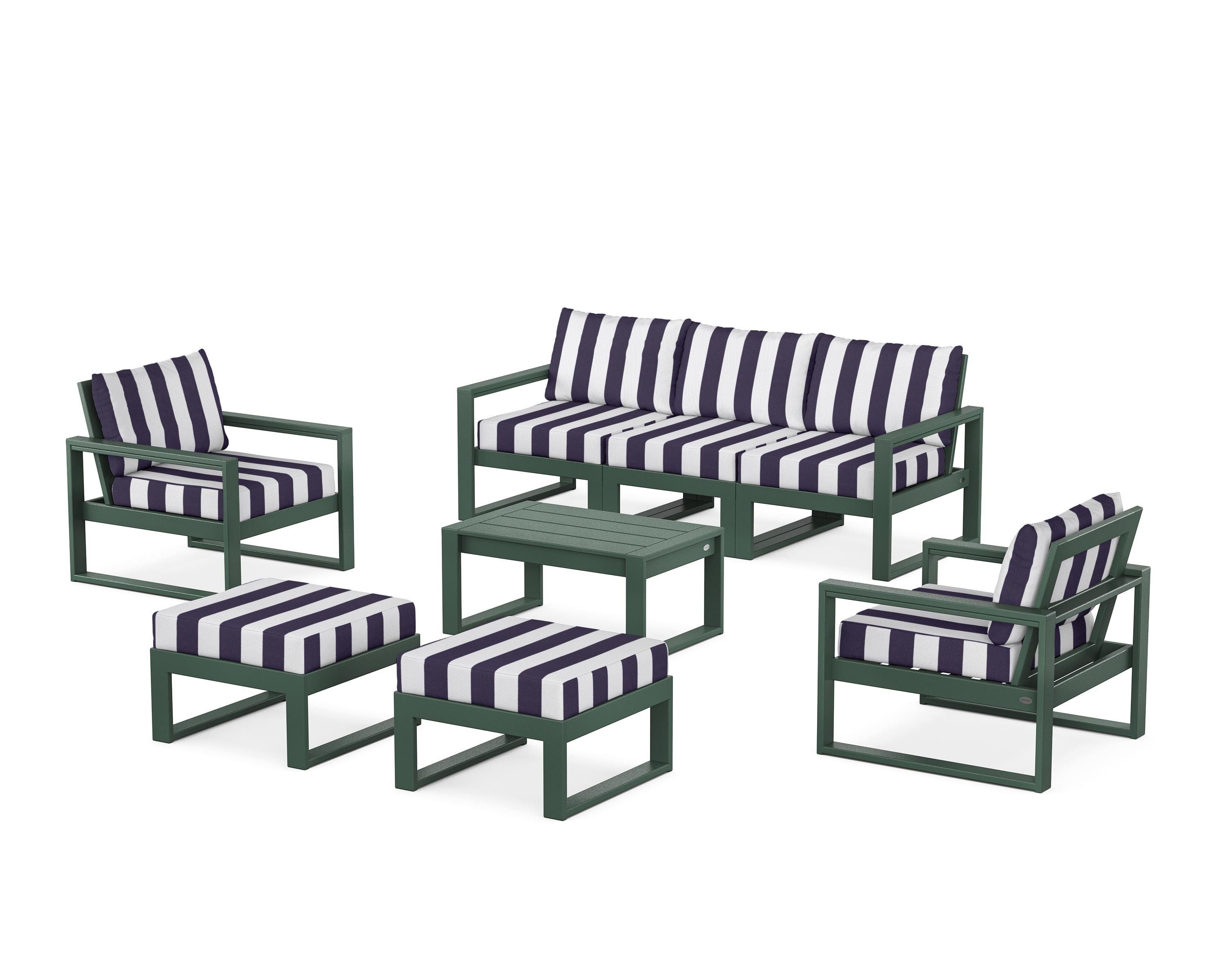 POLYWOOD® EDGE Sectional 8-Piece Lounge Sofa Set in Green / Cabana Stripe Navy