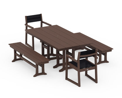 POLYWOOD® EDGE Sling Arm Chair 5-Piece Farmhouse Dining Set with Benches in Mahogany / Black Sling