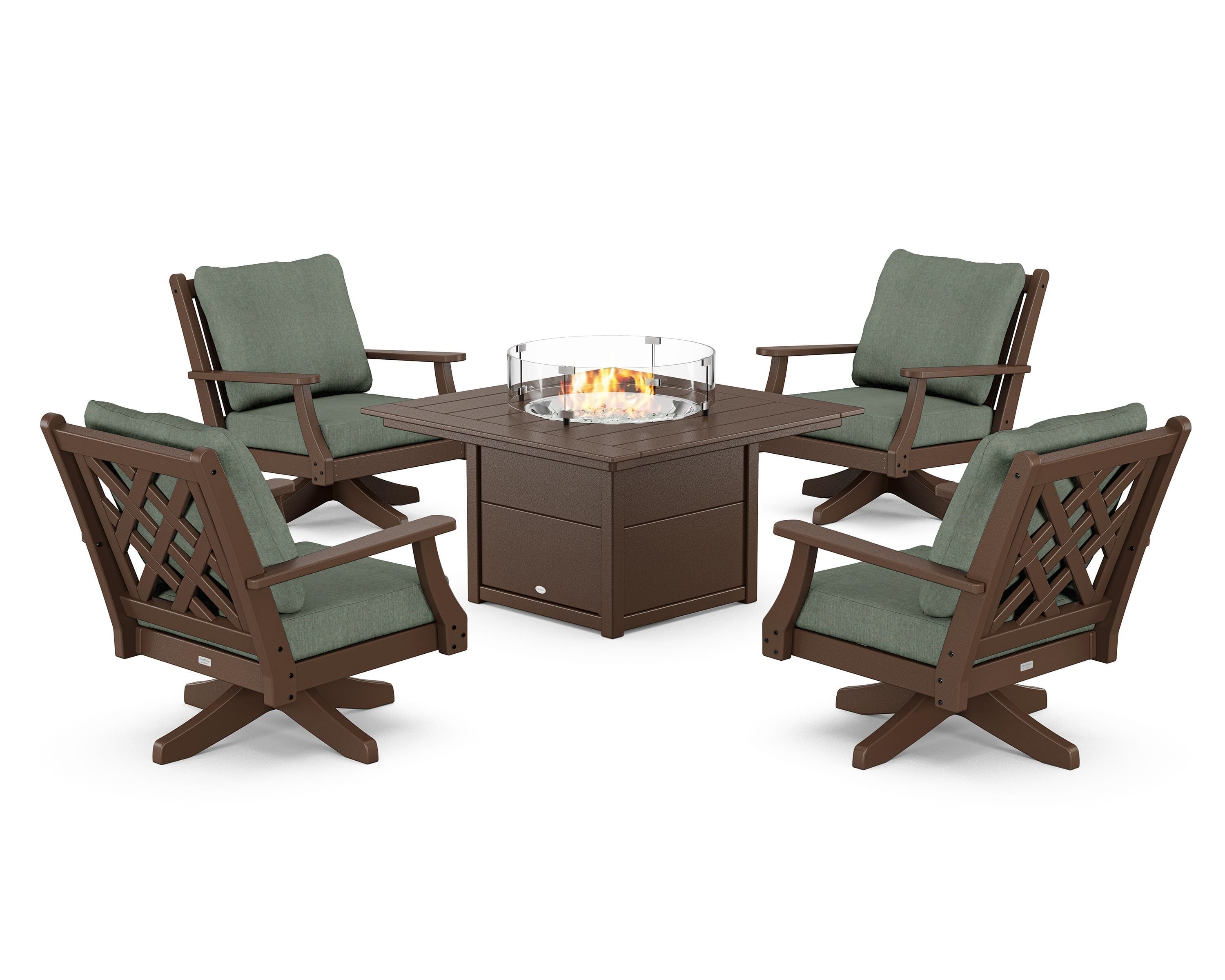 Country Living Wovendale 5-Piece Deep Seating Swivel Conversation Set with Fire Pit Table in Mahogany / Cast Sage