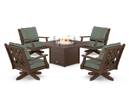 Country Living Wovendale 5-Piece Deep Seating Swivel Conversation Set with Fire Pit Table in Mahogany / Cast Sage