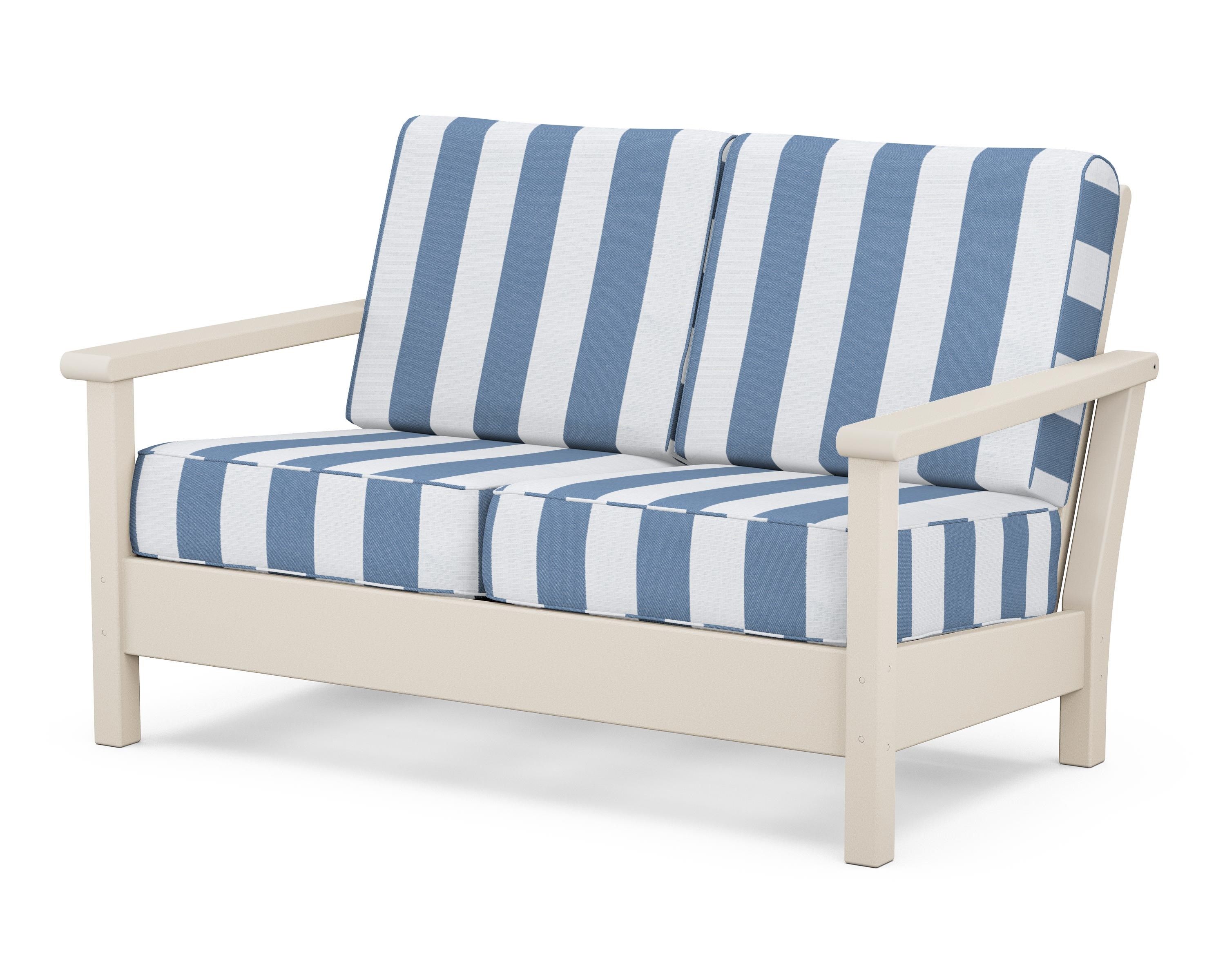 POLYWOOD® Harbour Deep Seating Loveseat in Sand / Cabana Stripe Sky Blue