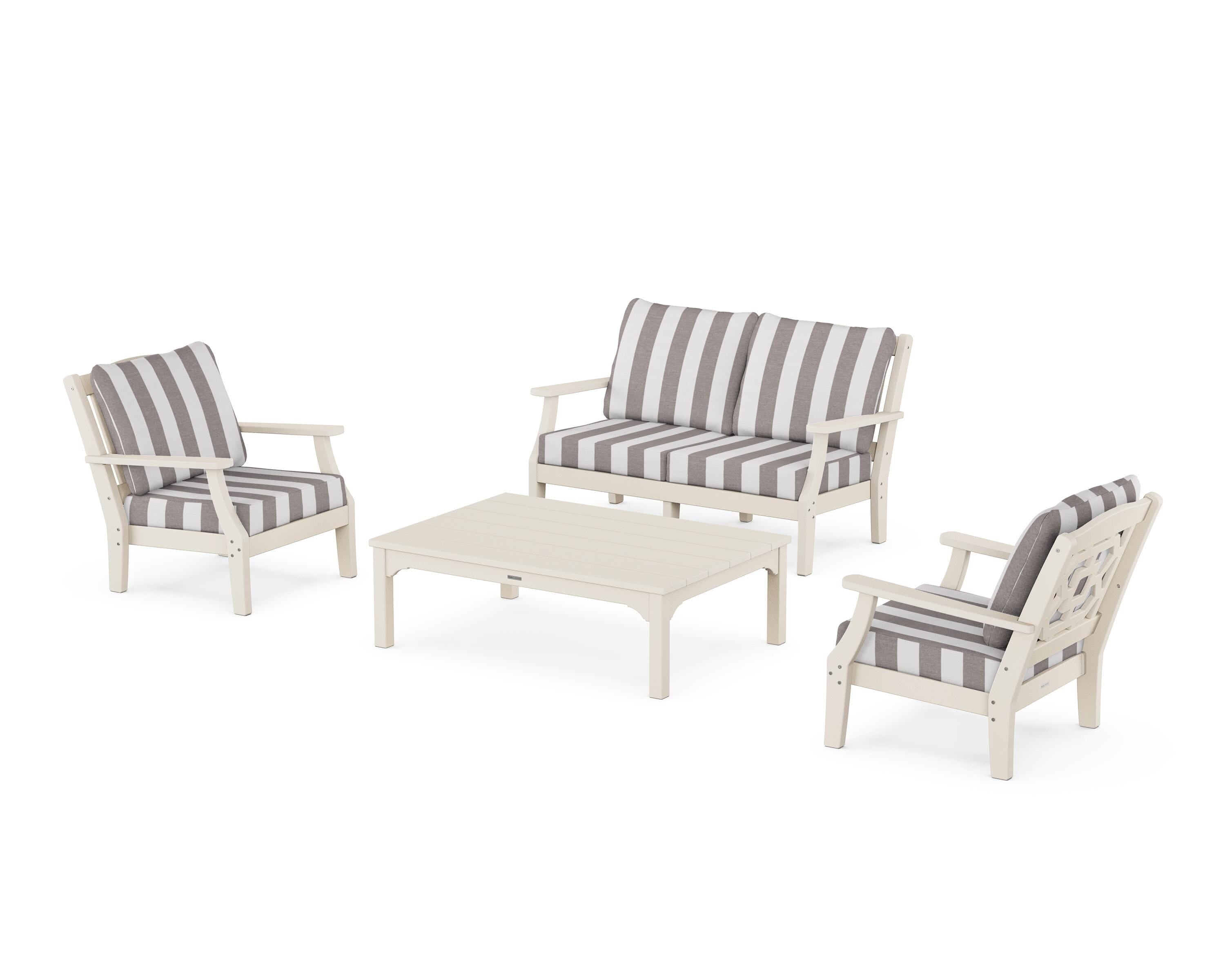 Martha Stewart by POLYWOOD® Chinoiserie 4-Piece Deep Seating Set with Loveseat in Sand / Cabana Stripe Grey Mist