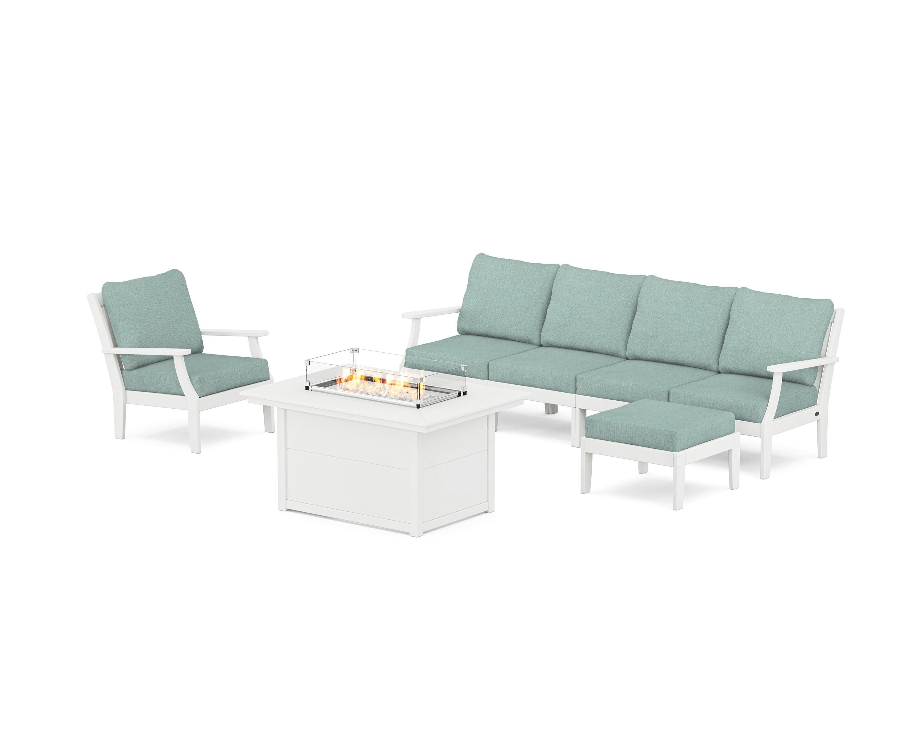 POLYWOOD® Braxton Sectional Lounge and Fire Pit Set in White / Glacier Spa