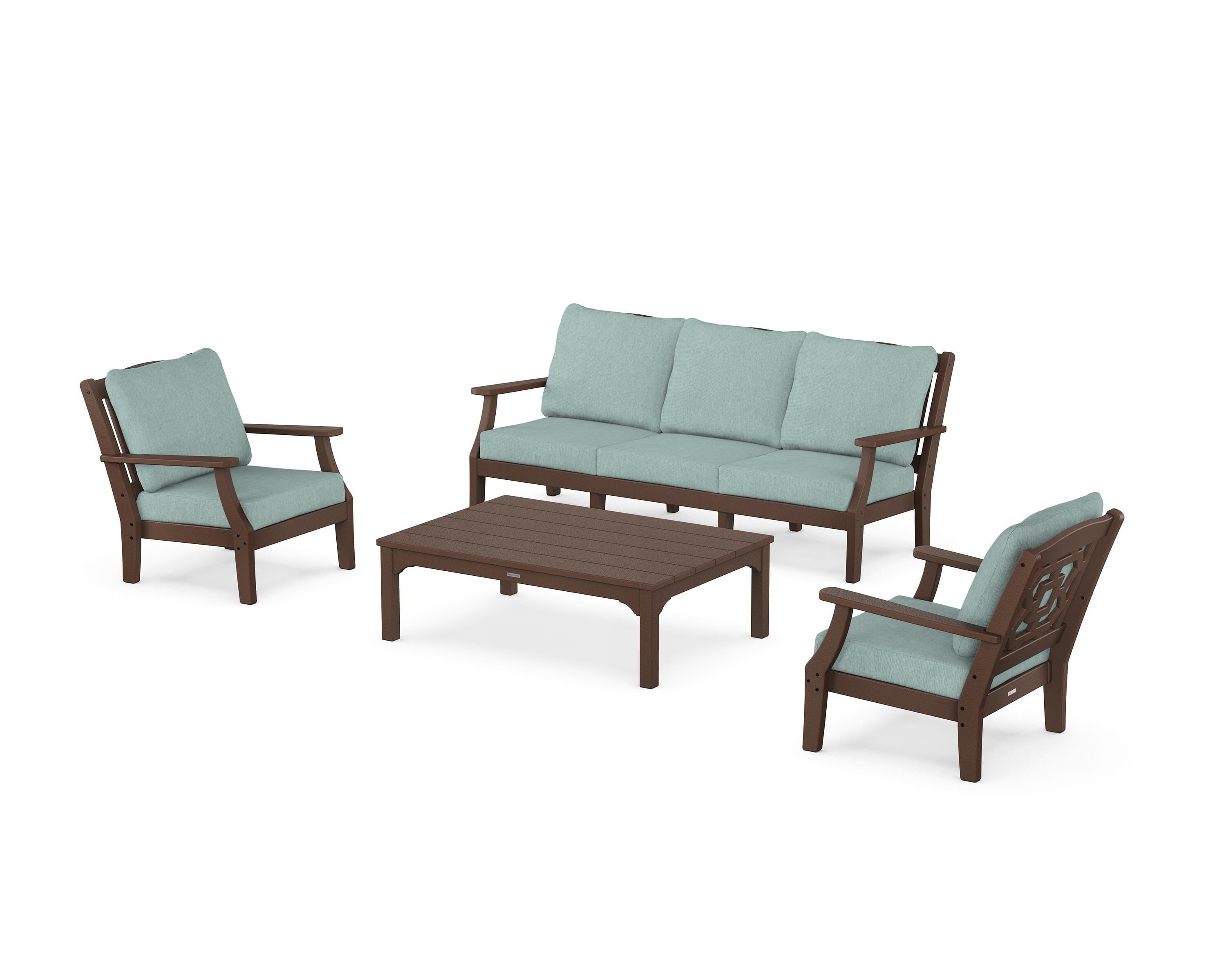 Martha Stewart by POLYWOOD® Chinoiserie 4-Piece Deep Seating Set with Sofa in Mahogany / Glacier Spa