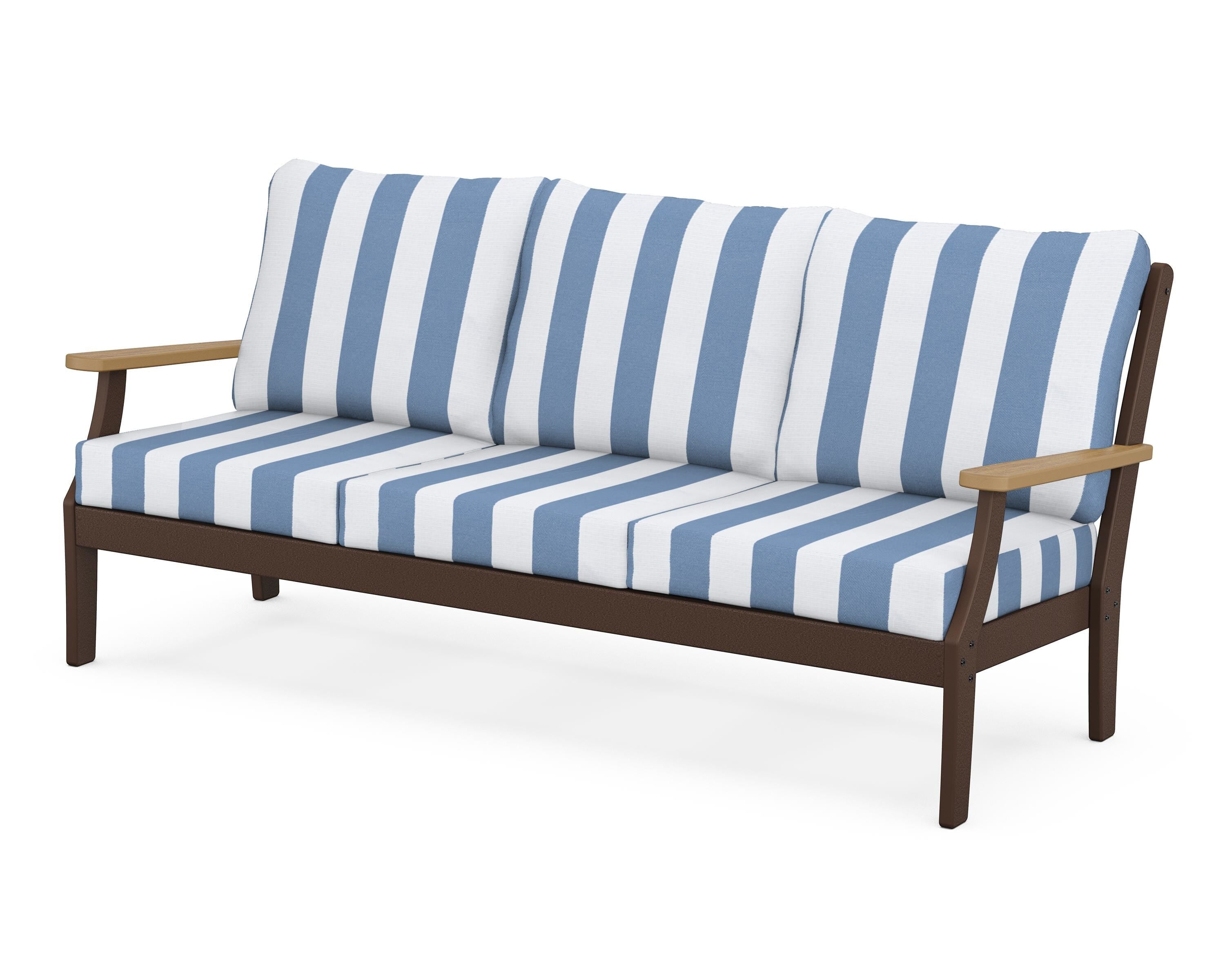 POLYWOOD® Braxton Deep Seating Sofa in Mahogany / Natural / Cabana Stripe Sky Blue