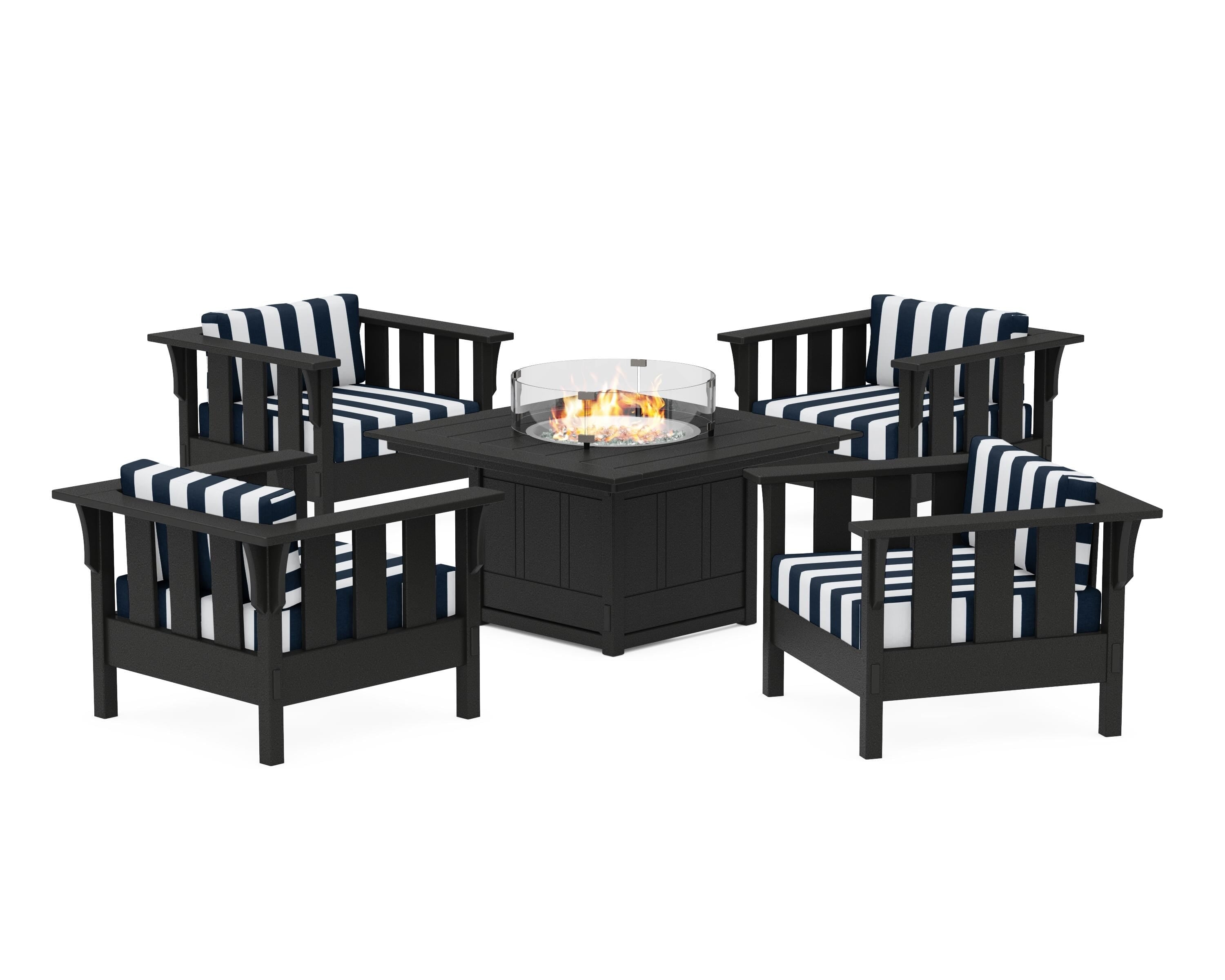 Martha Stewart by POLYWOOD® Acadia 5-Piece Deep Seating Set with Fire Pit Table in Black / Cabana Stripe Marine Indigo