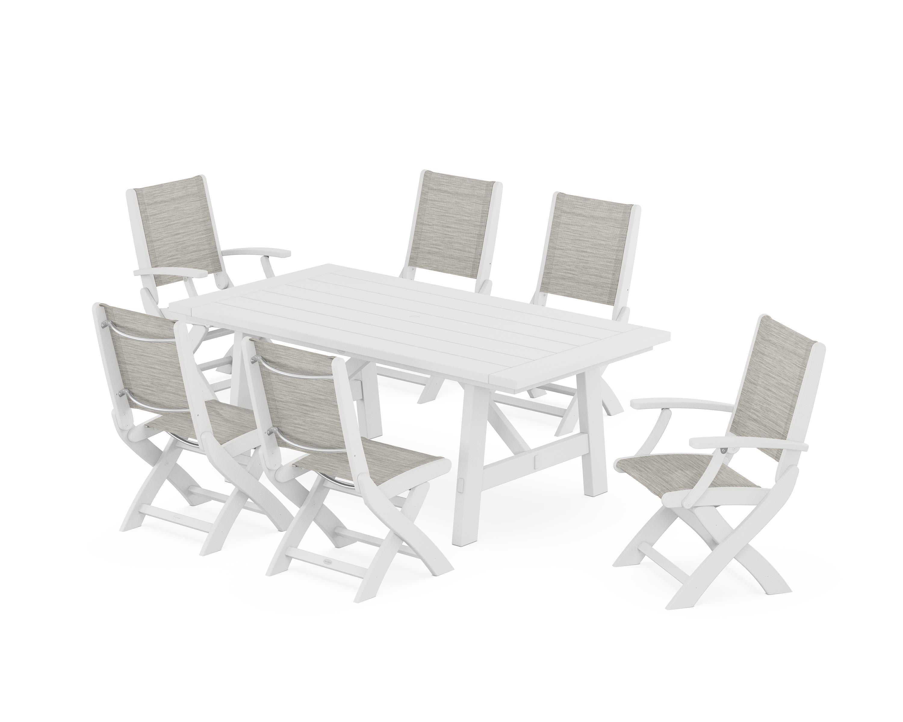 POLYWOOD® Coastal Folding Chair 7-Piece Rustic Farmhouse Dining Set in White / Birch Sling