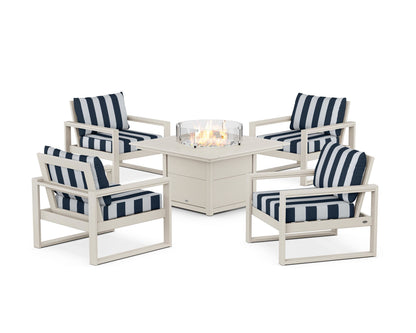 POLYWOOD® EDGE Sectional 5-Piece Deep Seating Set with Fire Pit Table in Sand / Cabana Stripe Marine Indigo
