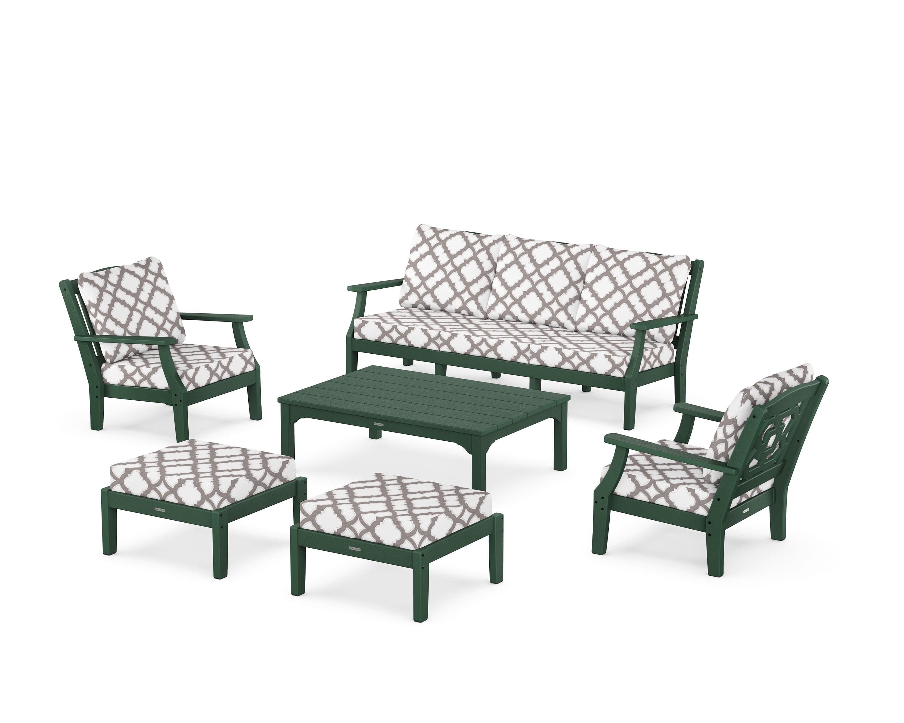 Martha Stewart by POLYWOOD® Chinoiserie 6-Piece Lounge Sofa Set in Green / Trellis Grey Mist