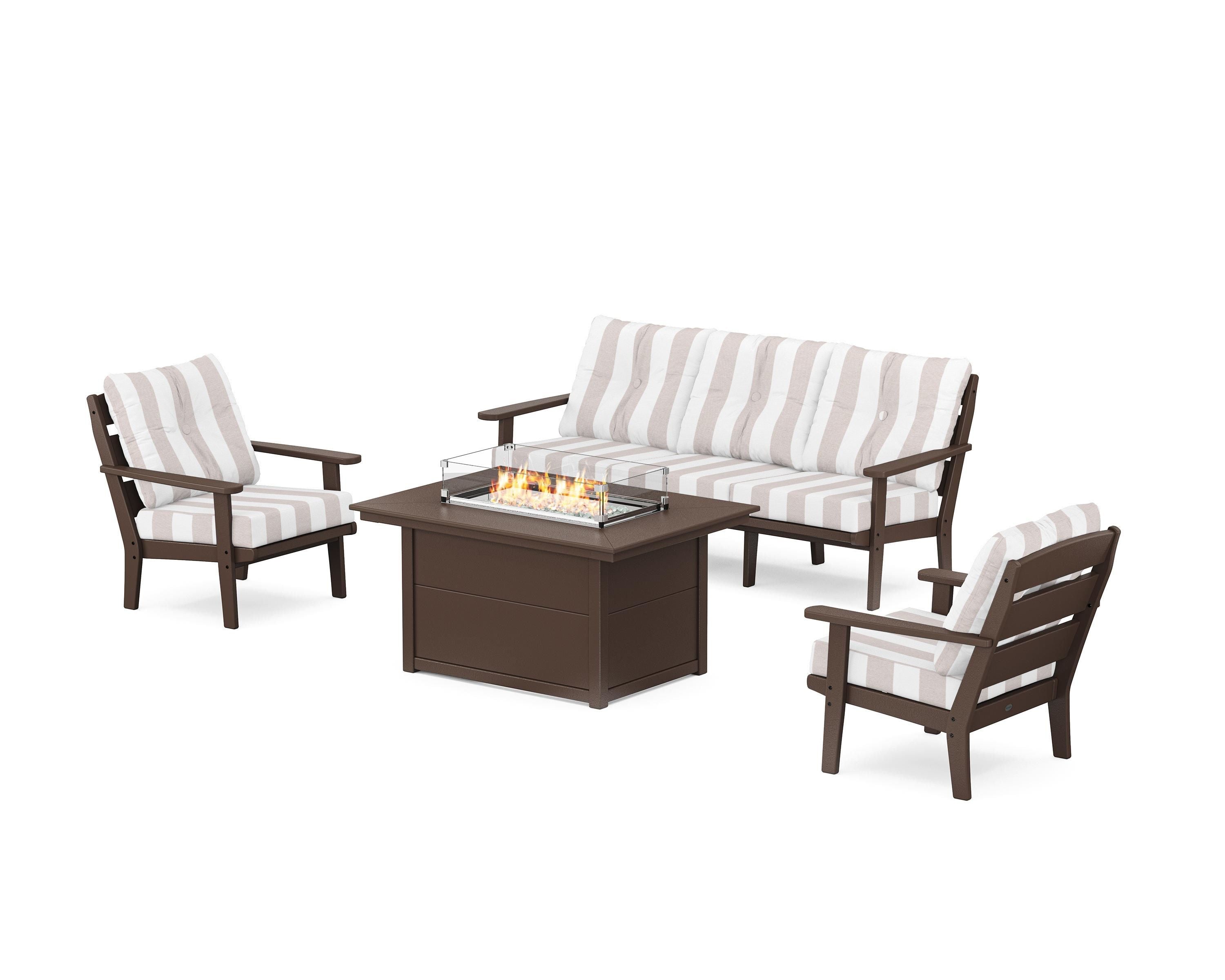POLYWOOD® Lakeside Deep Seating Fire Pit Table Set in Mahogany / Cabana Stripe Dune Burlap