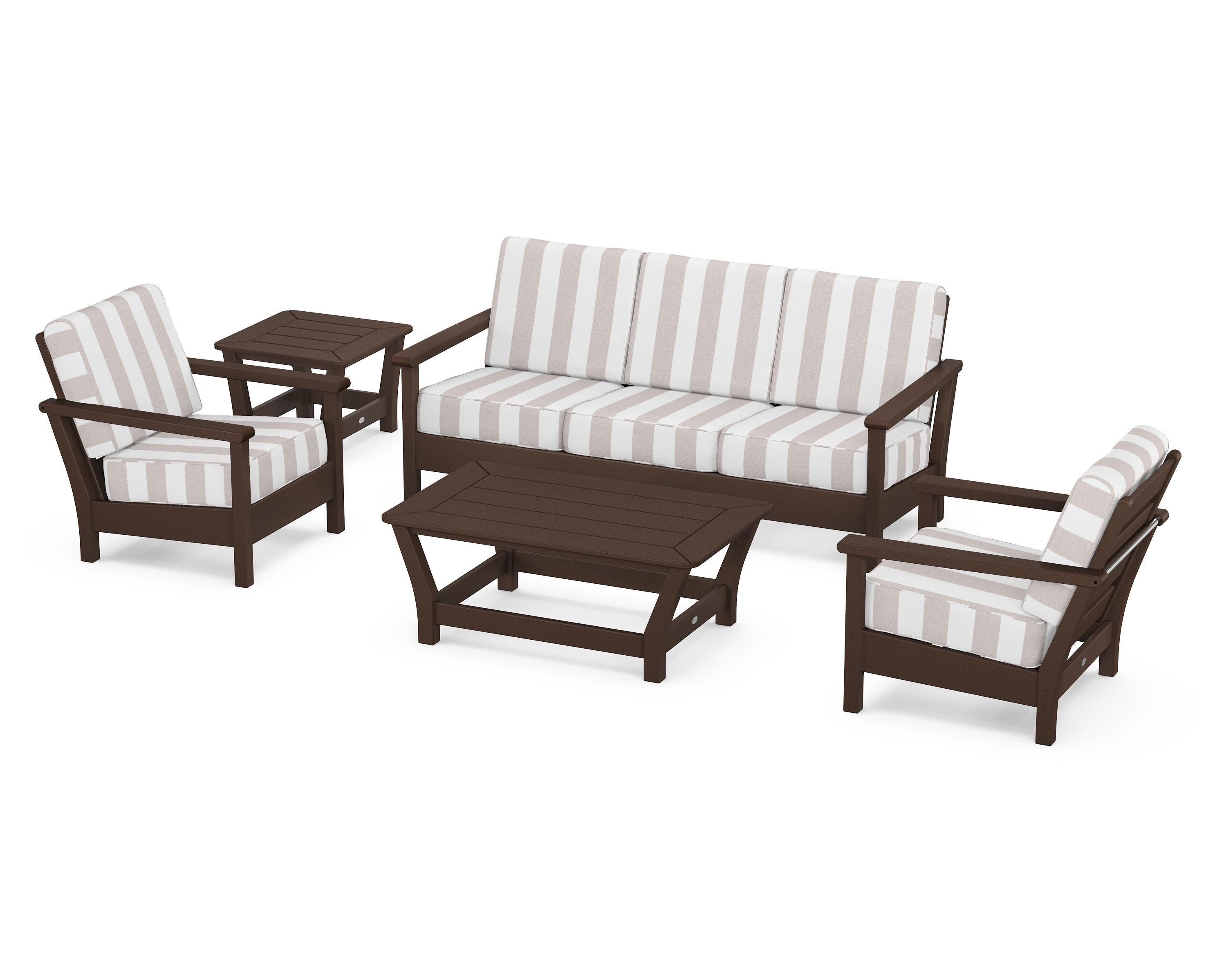 POLYWOOD® Harbour 5-Piece Deep Seating Set in Mahogany / Cabana Stripe Dune Burlap
