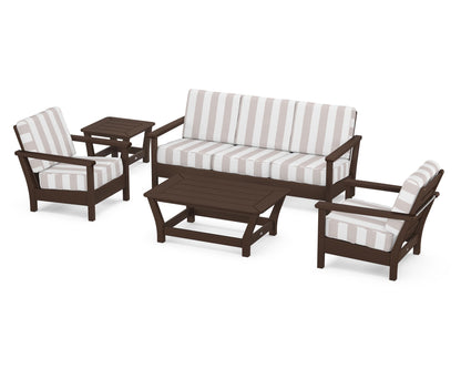 POLYWOOD® Harbour 5-Piece Deep Seating Set in Mahogany / Cabana Stripe Dune Burlap
