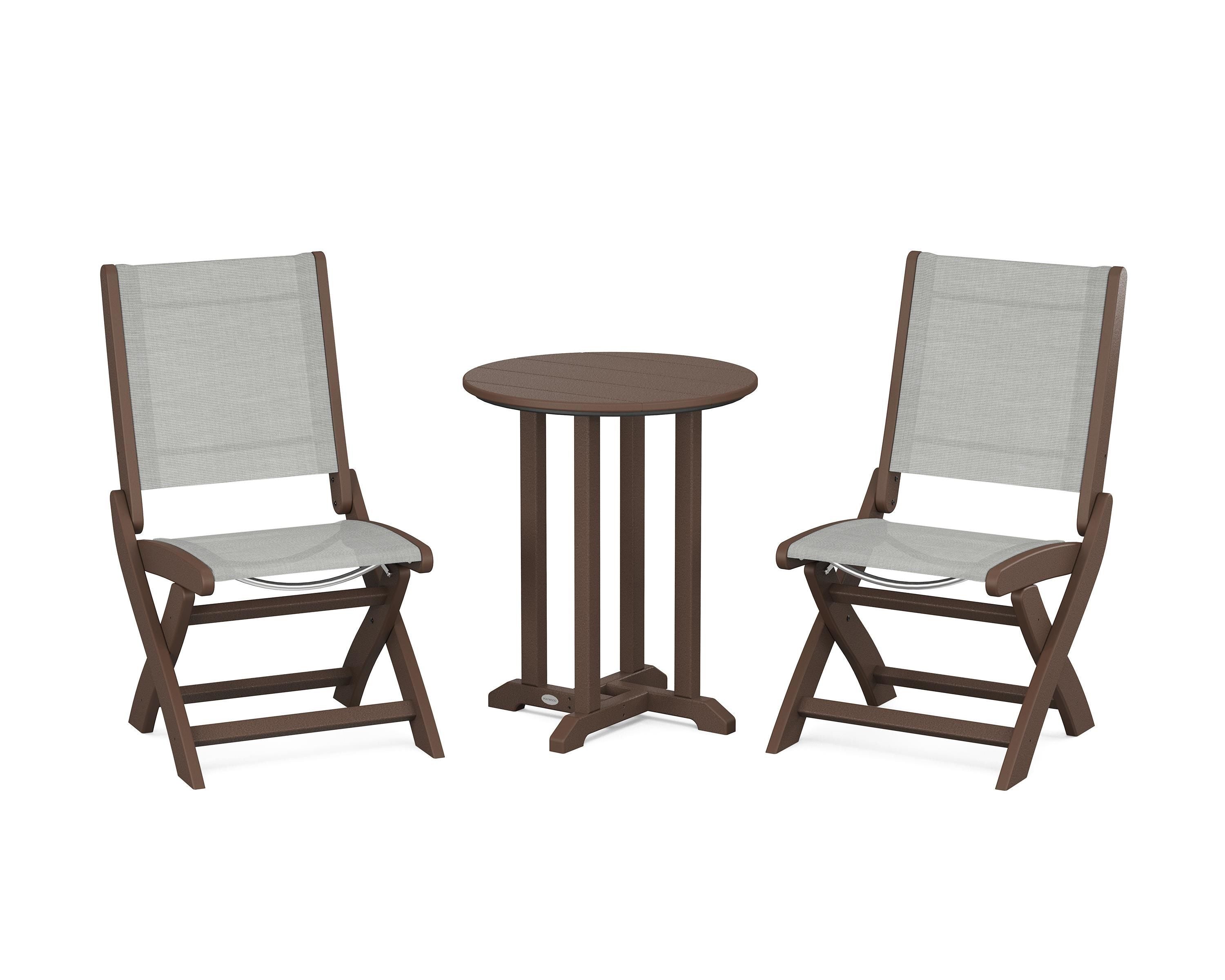 POLYWOOD® Coastal Folding Side Chair 3-Piece Round Bistro Dining Set in Mahogany / Metallic Sling