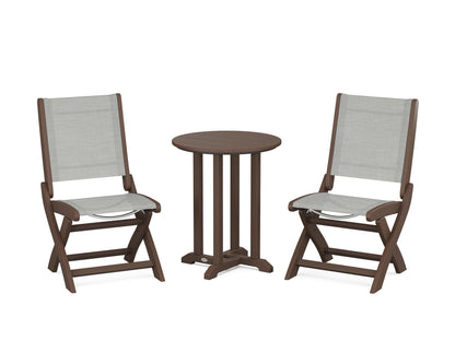 POLYWOOD® Coastal Folding Side Chair 3-Piece Round Bistro Dining Set in Mahogany / Metallic Sling