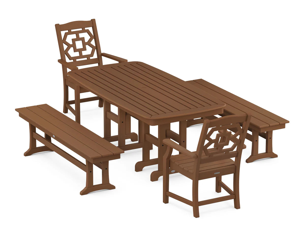 Chinoiserie 5-Piece Dining Set with Benches