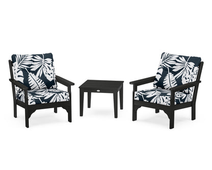 POLYWOOD® Vineyard 3-Piece Deep Seating Set in Black / Leaf Marine Indigo