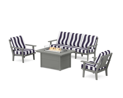POLYWOOD® Prairie Deep Seating Fire Pit Table Set in Slate Grey / Cabana Stripe Navy
