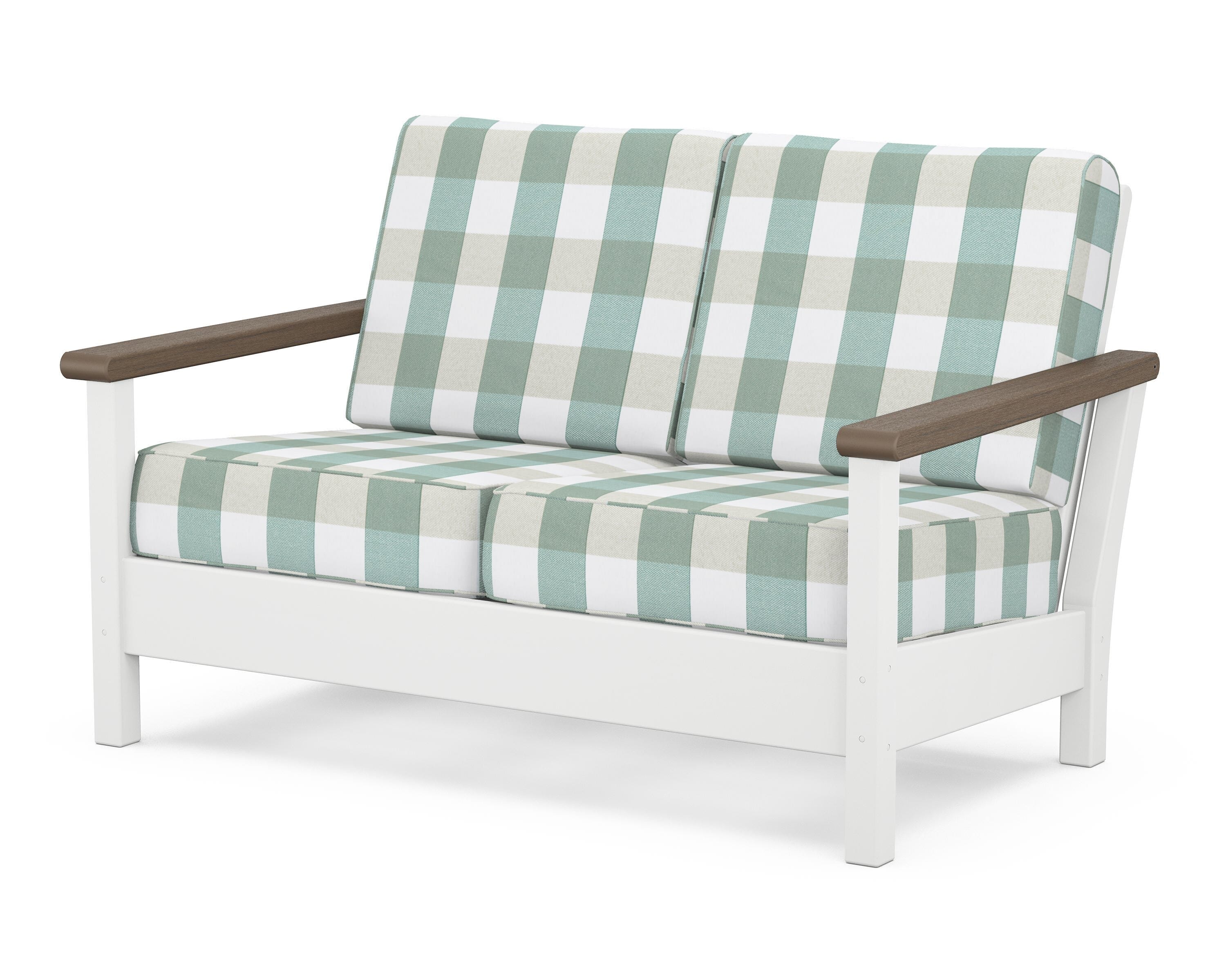 POLYWOOD® Harbour Deep Seating Loveseat in White / Kona / Buffalo Plaid Glacier Spa