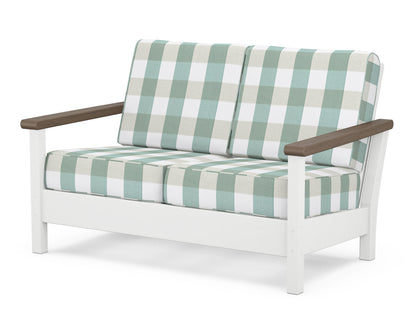 POLYWOOD® Harbour Deep Seating Loveseat in White / Kona / Buffalo Plaid Glacier Spa