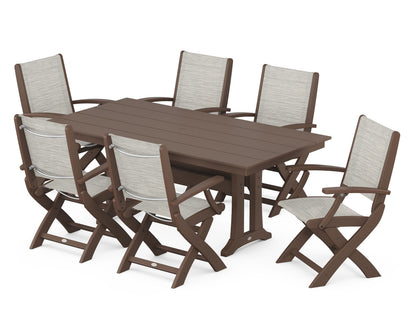 POLYWOOD® Coastal Folding Arm Chair 7-Piece Farmhouse Dining Set with Trestle Legs in Mahogany / Birch Sling
