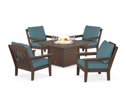 Country Living Cottage 5-Piece Deep Seating Set with Fire Pit Table in Mahogany / Ocean Teal