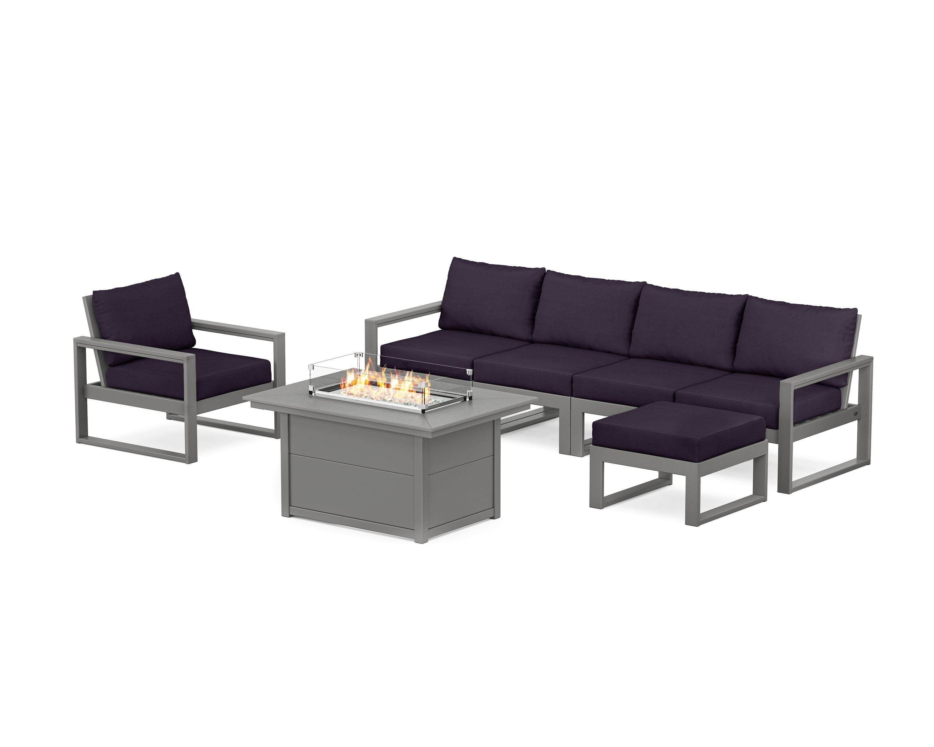 POLYWOOD® EDGE Sectional Lounge and Fire Pit Set in Slate Grey / Navy Linen