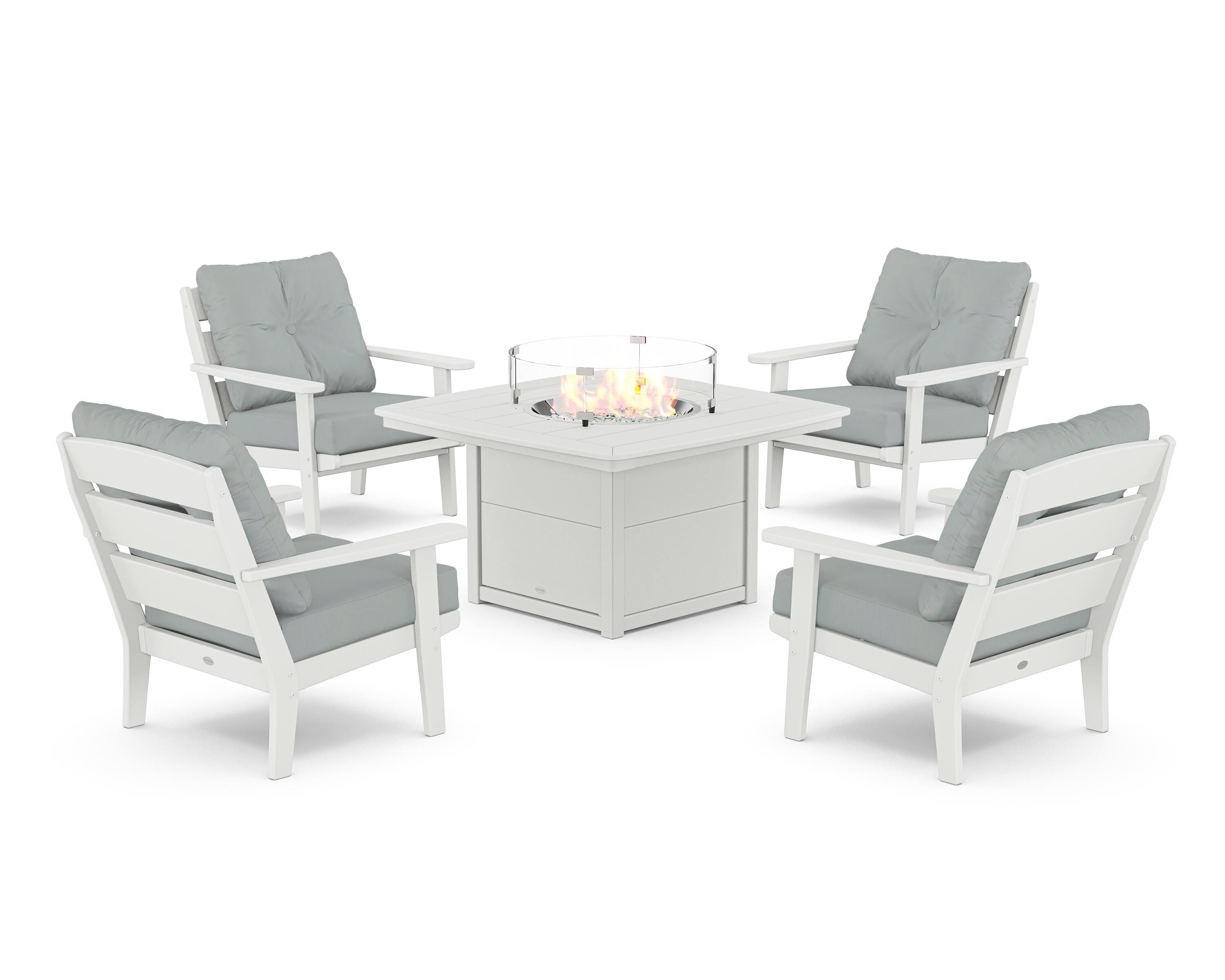 POLYWOOD® Lakeside 5-Piece Deep Seating Set with Nautical Fire Pit Table in White / Spa