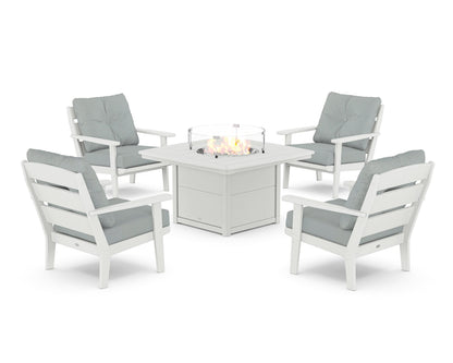 POLYWOOD® Lakeside 5-Piece Deep Seating Set with Nautical Fire Pit Table in White / Spa