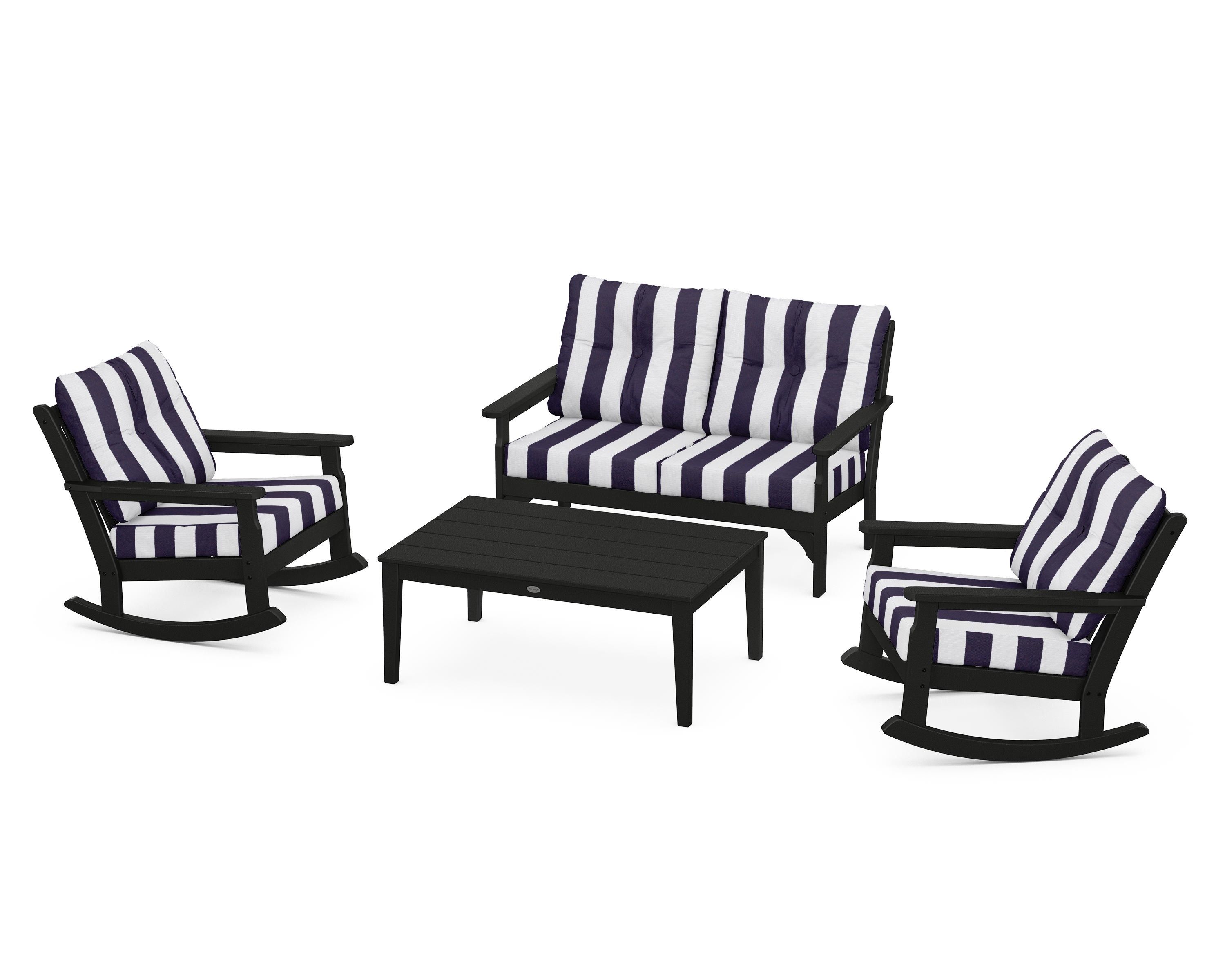 POLYWOOD® Vineyard 4-Piece Deep Seating Rocking Chair Set in Black / Cabana Stripe Navy