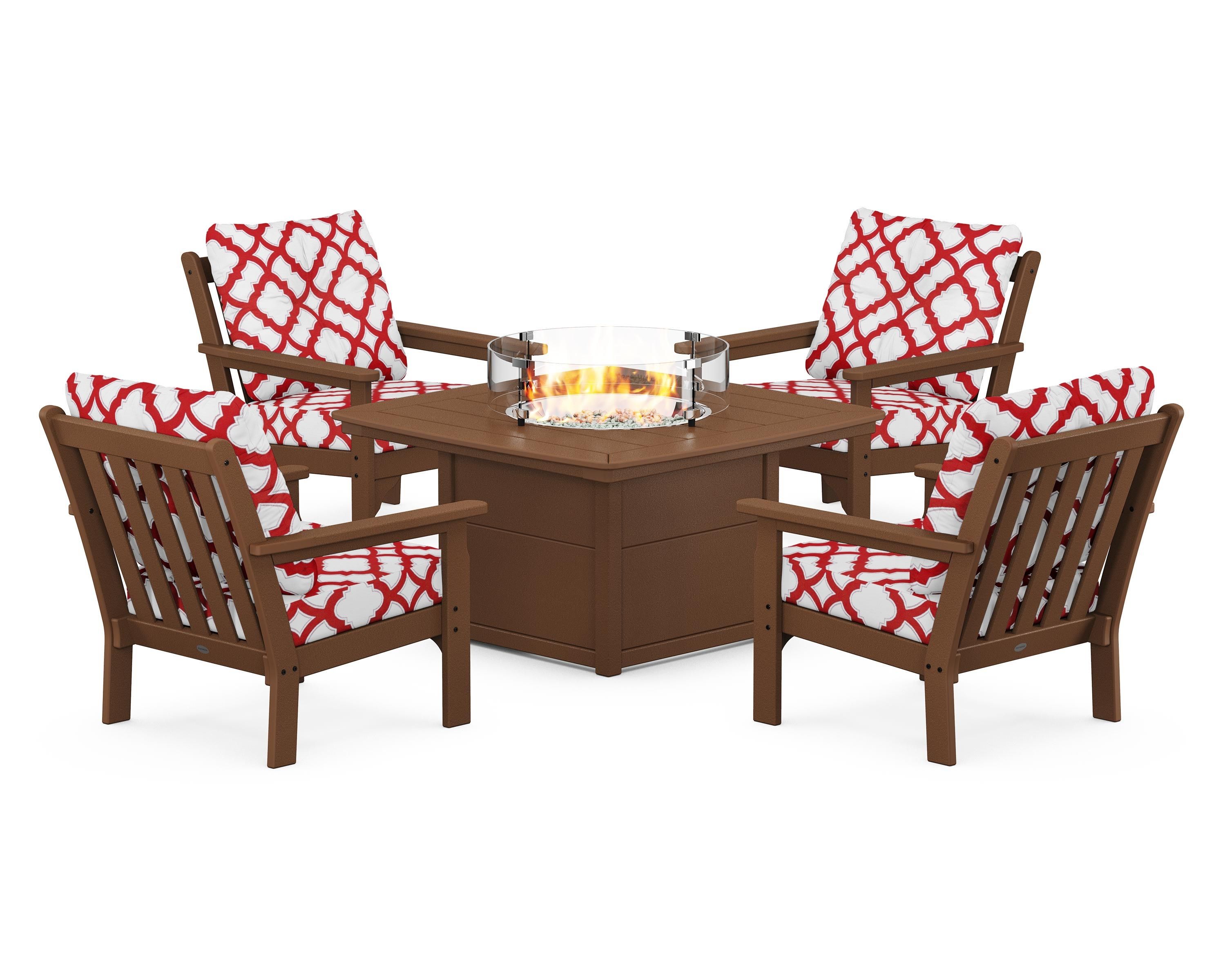 POLYWOOD® Vineyard 5-Piece Conversation Set with Fire Pit Table in Teak / Trellis Crimson