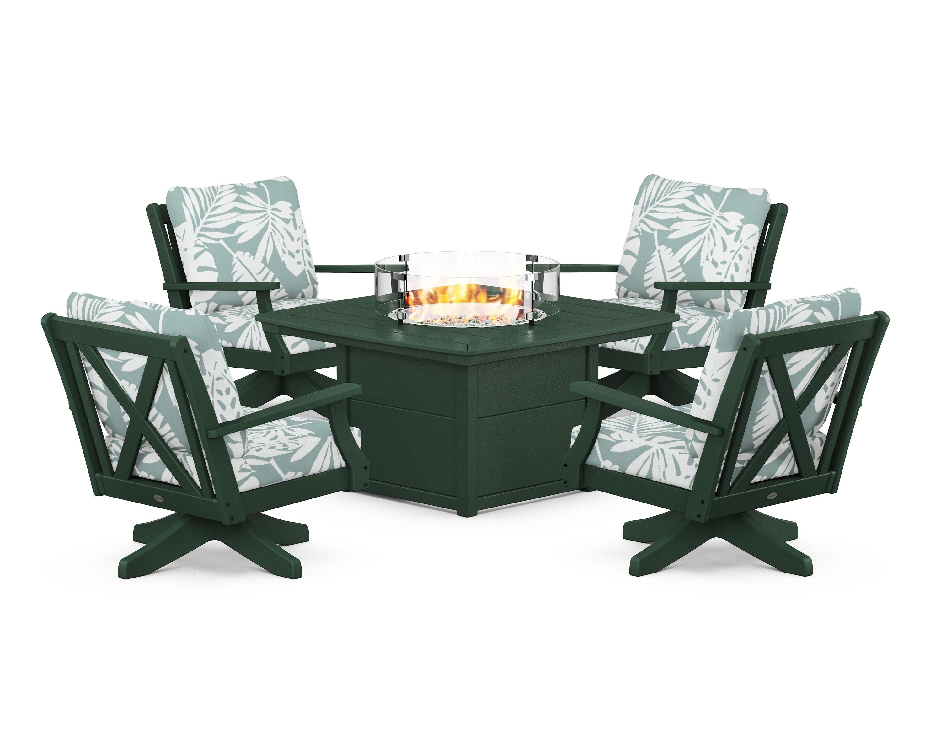 POLYWOOD® Braxton 5-Piece Deep Seating Swivel Conversation Set with Fire Pit Table in Green / Leaf Glacier Spa