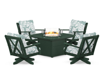 POLYWOOD® Braxton 5-Piece Deep Seating Swivel Conversation Set with Fire Pit Table in Green / Leaf Glacier Spa