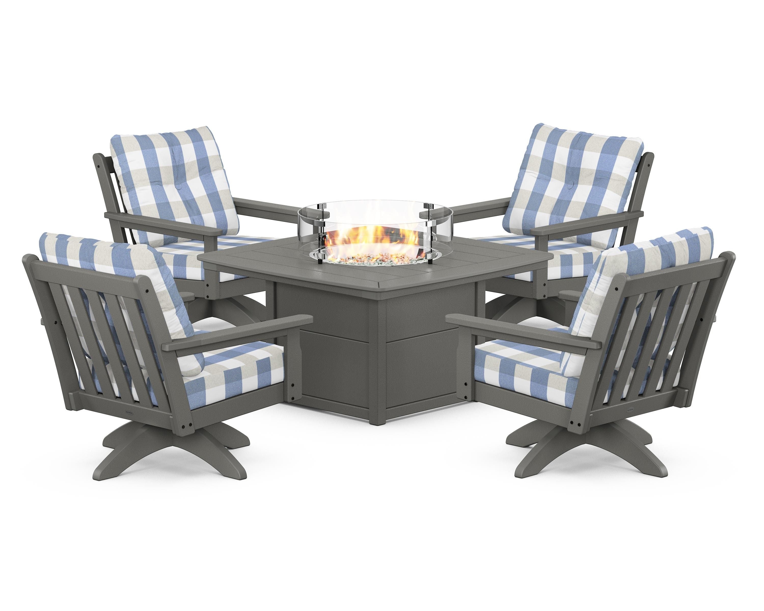 POLYWOOD® Vineyard 5-Piece Deep Seating Swivel Conversation Set with Fire Pit Table in Slate Grey / Buffalo Plaid Sky Blue