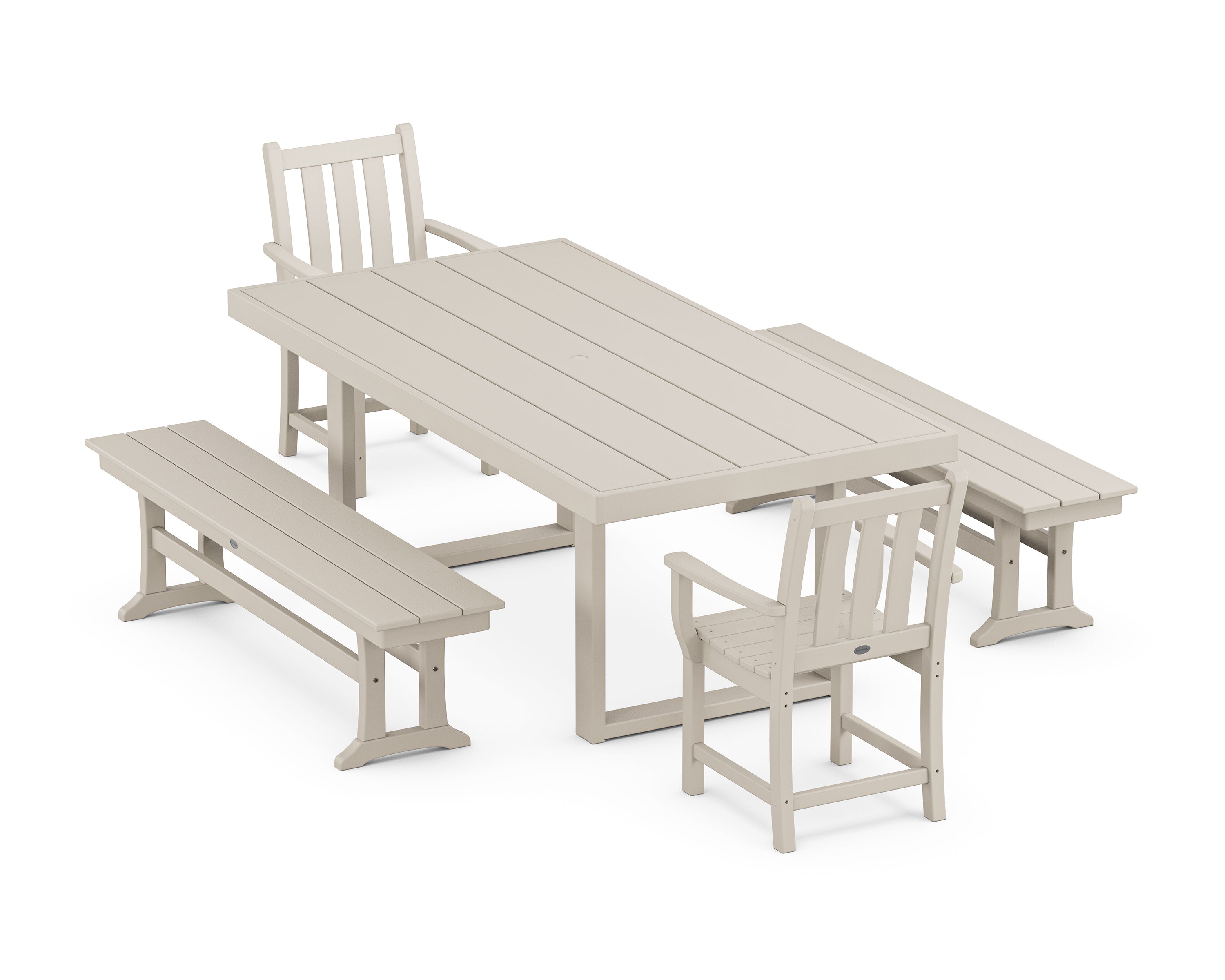 POLYWOOD® Traditional Garden 5-Piece Dining Set with Benches in Sand